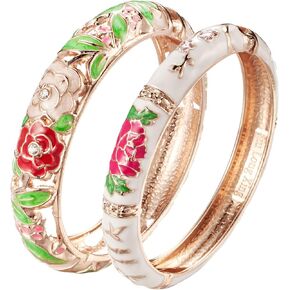 UJOY Vintage Cloisonne Jewelry Handcrafted Bracelets Gorgeous Enameled Flower Gold Plated Cuff Bangles Gifts 88A