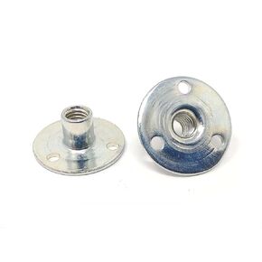 Weld Nut Round Base with Holes 9/32" Tall 10-32 Thread - Zinc Finish