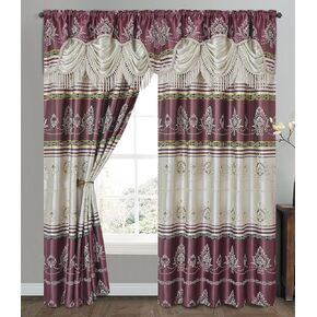 GOHD Harmony Horizon. Jacquard Window Curtain Panel Drape with Attached Fancy Valance. 2pcs Set. Each pc 54" Wide x 90" Drop with 18" Valance. (Brown)