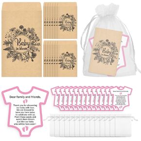 100 Pcs Baby Shower Favors Seed Packet Baby in Bloom Flower Seed Packets 100 Thank You Cards 100 Organza Gift Bags for Baby Shower Party Gift Favors, No Seeds(Pink)
