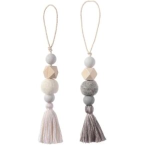 Wood Bead Boho Tassels Tiered Tray Home Decor - 2 Piece Set (Teal & White Boho Tassels)