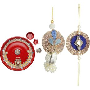 Rakhi Thali Plate Platter with Bhai Bhabhi Rakhi for Brother and Bhabhi Decorative Puja Pooja Thali with Set of 2 Rakhi Lumba set Festival Raksha Bandhan Gift Set Aarti Pooja Rituals ( Size- 10")