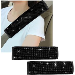 2 PCS Bling Car Seat Belt Cover, Sparkle Leather Seat Belt Pads with Rhinestone, Diamonds Glitter Seatbelt Cushions for Women Girl, Universal Interior Car Accessories (Pink)