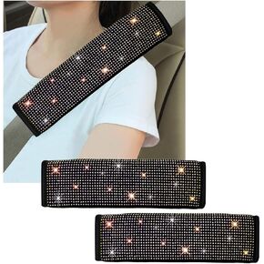 2 PCS Bling Car Seat Belt Cover, Sparkle Leather Seat Belt Pads with Rhinestone, Diamonds Glitter Seatbelt Cushions for Women Girl, Universal Interior Car Accessories (Pink)