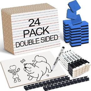 Set of 24 Dry Erase Boards for Kids, Double Sided Small Whiteboard with Lines for Students, Teacher & Classroom Pack, 9"x12" Mini Dry Erase White Boards Lined for Writing with 24 Makers, 24 Erasers