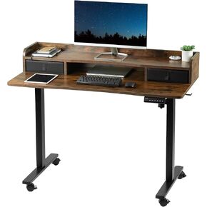 VIVO Electric 2-Tier Height Adjustable 48 x 24 inch Stand Up Desk, Mobile Standing Workstation with Storage Drawers, Memory Controller, Casters, Rustic Vintage Brown Top, Black Frame, DESK-E-Y48SN