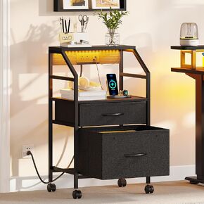 YITAHOME Printer Stand with Storage, 2 Drawer File Cabinet with Charging Station and Lighting, Mobile Filing Cabinet with Wheel, Printer Table with Open Storage Shelf for Home Office, Black