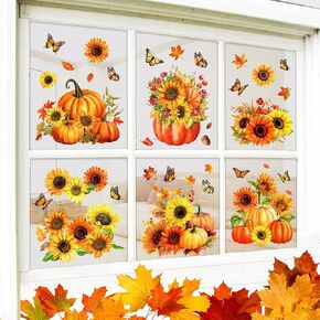 Whaline 9 Sheet Fall Window Clings Sunflower Pumpkin Butterfly Reusable Window Decals for Autumn Thanksgiving Harvest Home School Party Supplies