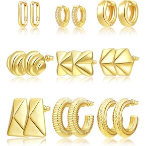 LIGHTWEIGHT Gold Earrings Hoops Set 9 Pairs 14k Gold Plated Hoop Earrings for Women - Hypoallergenic, Abstract Statement Huggie Hoops, light weight hoop earrings, Gold hoops for Women Gifts for Women