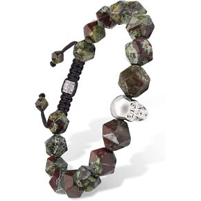 Men's Beaded Bracelet with Sterling Silver Charm Adjustable Drawstring 10mm Dumortierite Dragon Blood Jasper Natural Gemstone
