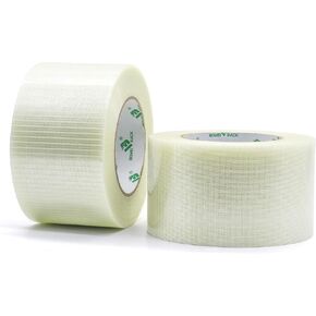 BOMEI PACK Fiber Reinforced Packing Tape, Clear Bi Directional Filament Strapping Tape 3Inch x 55yds 6.7Mil, Total 110yds