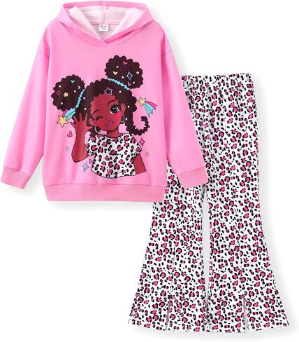 PATPAT Girls' Hoodie Pants Set, Cute Cartoon Girl Long Sleeve Sweatshirt and Flare Leg Pants, 2 Piece Outfit Clothing Set in Saudi Arabia
