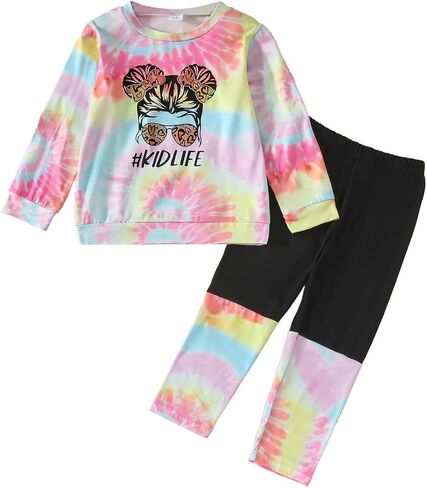 Kids Toddler Girls Clothes Figure Graphic Drop Shoulder Top Pullover Spotted Print Pants Fall Winter Outfit Set in Kuwait
