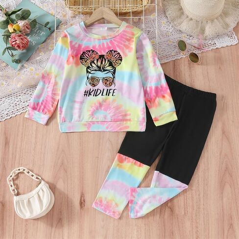 Kids Toddler Girls Clothes Figure Graphic Drop Shoulder Top Pullover Spotted Print Pants Fall Winter Outfit Set in Kuwait