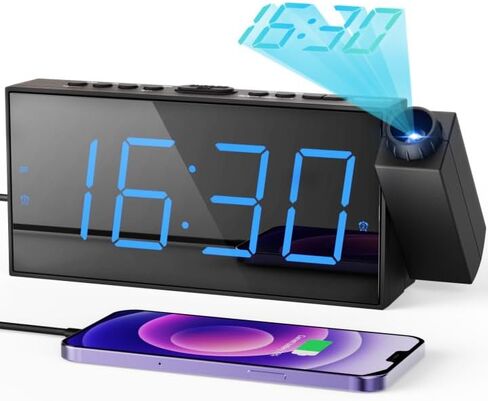 ساعة منبه رقمية على جدار السقف، ساعة منبه LED لغرف النوم مع منفذ شاحن USB، جهاز عرض 350 درجة، باهتة، 12/24 ساعة وDST، بطارية احتياطية، ساعة منبه مزدوجة عالية 7.5 بوصة للنوم الثقيل in Kuwait
