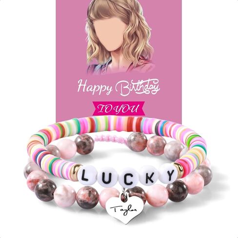 Taylor Birthday Gifts Bracelets, Taylor Merch, Taylor Bracelet and Birthday Card, Taylor Friendship Bracelets with Pink Gift Box, The Best Birthday Party Gifts for Women, Sisters, Wife, Bestie in Saudi Arabia