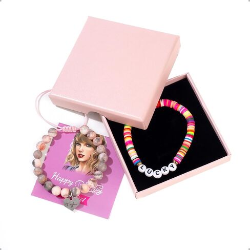 Taylor Birthday Gifts Bracelets, Taylor Merch, Taylor Bracelet and Birthday Card, Taylor Friendship Bracelets with Pink Gift Box, The Best Birthday Party Gifts for Women, Sisters, Wife, Bestie in Saudi Arabia