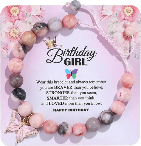 Birthday Bracelet Gift for Girls 6-13 Years Old, Pink Zebra Natural Stone Butterfly Charm Bracelet for Daughter Granddaughter Niece Teenage Girl Birthday Gift in Saudi Arabia