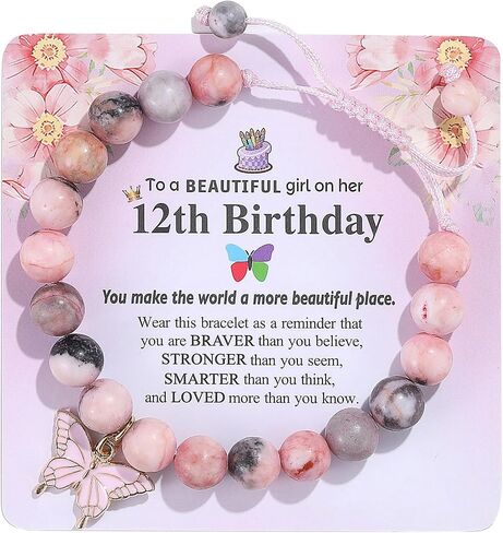 Birthday Bracelet Gift for Girls 6-13 Years Old, Pink Zebra Natural Stone Butterfly Charm Bracelet for Daughter Granddaughter Niece Teenage Girl Birthday Gift in Saudi Arabia