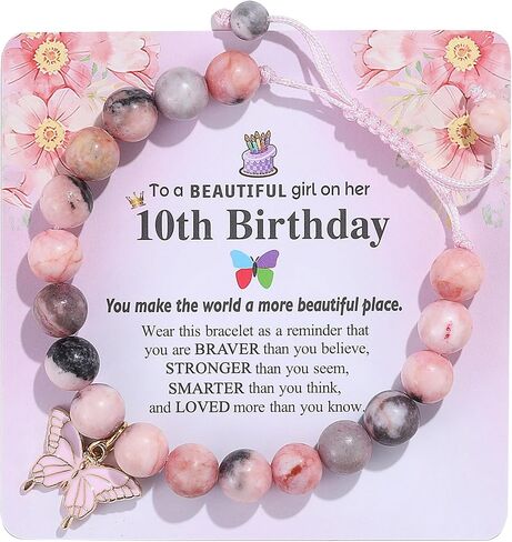 Birthday Bracelet Gift for Girls 6-13 Years Old, Pink Zebra Natural Stone Butterfly Charm Bracelet for Daughter Granddaughter Niece Teenage Girl Birthday Gift in Saudi Arabia