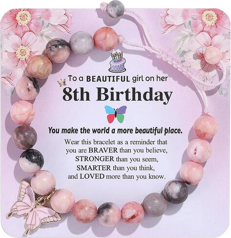 Birthday Bracelet Gift for Girls 6-13 Years Old, Pink Zebra Natural Stone Butterfly Charm Bracelet for Daughter Granddaughter Niece Teenage Girl Birthday Gift in Saudi Arabia
