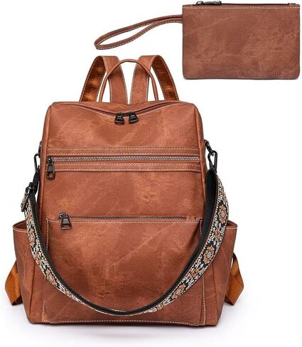Womens Backpack Purse Vegan PU Leather Backpack Large Anti-theft Rucksack Fashion Ladies Shoulder Bag Waterproof Handbags for Travel Hiking Working, Brown in Saudi Arabia