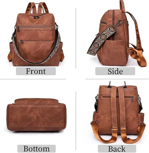 Womens Backpack Purse Vegan PU Leather Backpack Large Anti-theft Rucksack Fashion Ladies Shoulder Bag Waterproof Handbags for Travel Hiking Working, Brown in Saudi Arabia