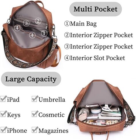Womens Backpack Purse Vegan PU Leather Backpack Large Anti-theft Rucksack Fashion Ladies Shoulder Bag Waterproof Handbags for Travel Hiking Working, Brown in Saudi Arabia