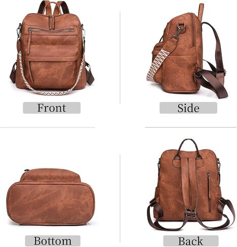 Womens Backpack Purse Vegan PU Leather Backpack Large Anti-theft Rucksack Fashion Ladies Shoulder Bag Waterproof Handbags for Travel Hiking Working, Brown in Saudi Arabia