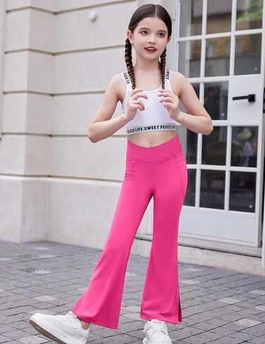 Zaclotre Girls' Flare Leggings with Split Hem Cross High Waist Yoga Bootcut Athletic Kid Bell Bottom Pants with Pockets in Saudi Arabia