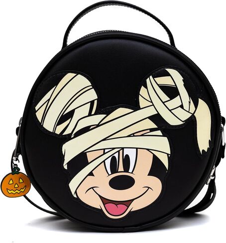 Disney Bag, Crossbody, Round, Mummy Mickey Mouse Glow in the Dark Smiling Applique, Black, Vegan Leather in Saudi Arabia