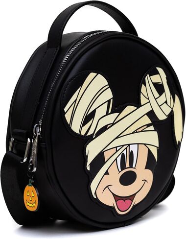 Disney Bag, Crossbody, Round, Mummy Mickey Mouse Glow in the Dark Smiling Applique, Black, Vegan Leather in Saudi Arabia