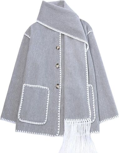 Womens Embroidered Scarf Jacket Oversized Button Down Wool Blend Coat Long Sleeve Removable Tassel Scarf Coat(0387-Grey-XS) in Saudi Arabia