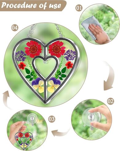 KY&BOSAM Heart Suncatchers الجدة هدية زخرفة الزجاج الملون الشمس الماسك حديقة الشنق النوافذ مع ضغط زهرة القلب جزءا لا يتجزأ من الهدايا الزجاجية للجدة عيد الأم هدايا عيد ميلاد in Kuwait