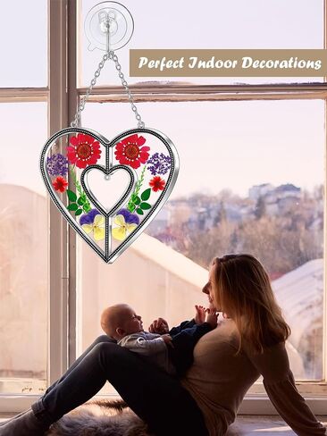 KY&BOSAM Heart Suncatchers الجدة هدية زخرفة الزجاج الملون الشمس الماسك حديقة الشنق النوافذ مع ضغط زهرة القلب جزءا لا يتجزأ من الهدايا الزجاجية للجدة عيد الأم هدايا عيد ميلاد in Kuwait