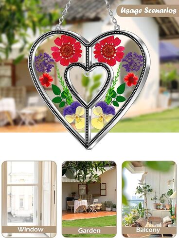 KY&BOSAM Heart Suncatchers الجدة هدية زخرفة الزجاج الملون الشمس الماسك حديقة الشنق النوافذ مع ضغط زهرة القلب جزءا لا يتجزأ من الهدايا الزجاجية للجدة عيد الأم هدايا عيد ميلاد in Kuwait
