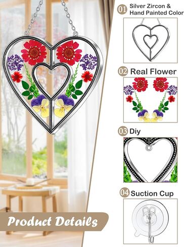 KY&BOSAM Heart Suncatchers الجدة هدية زخرفة الزجاج الملون الشمس الماسك حديقة الشنق النوافذ مع ضغط زهرة القلب جزءا لا يتجزأ من الهدايا الزجاجية للجدة عيد الأم هدايا عيد ميلاد in Kuwait