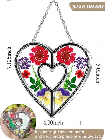 KY&BOSAM Heart Suncatchers الجدة هدية زخرفة الزجاج الملون الشمس الماسك حديقة الشنق النوافذ مع ضغط زهرة القلب جزءا لا يتجزأ من الهدايا الزجاجية للجدة عيد الأم هدايا عيد ميلاد in Kuwait
