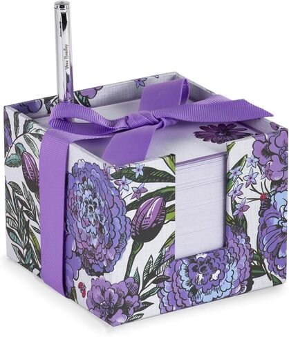 Vera Bradley Purple Floral Note Cube with 400 Blank Sheets and Black Ink Pen, Cute Paper Holder for Desk, Lavender Meadow in Saudi Arabia