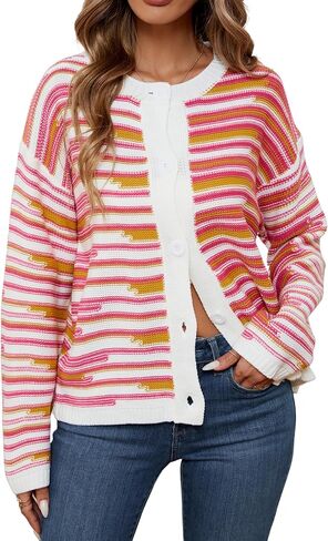 ECOWISH Women Button Down Cardigan: Fall Long Sleeve Crewneck Striped Open Front Cropped Sweater Casual Ribbed Knit Jacket in Saudi Arabia