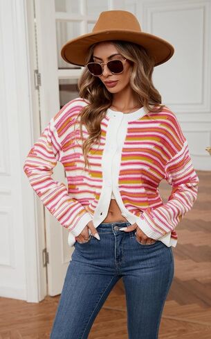 ECOWISH Women Button Down Cardigan: Fall Long Sleeve Crewneck Striped Open Front Cropped Sweater Casual Ribbed Knit Jacket in Saudi Arabia