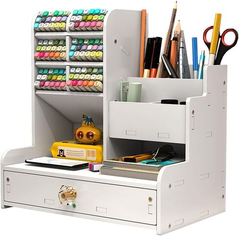 White Pen Organizer with Drawer, DIY Pencil Holder Desk Tidy Caddy Office Stationery Desktop Organiser for Home, Office and School (PB17 White) in Saudi Arabia