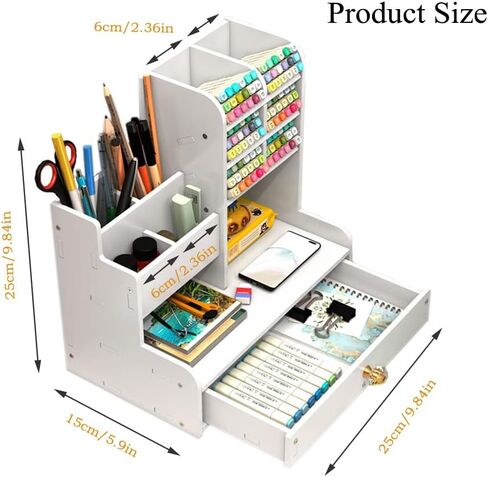 White Pen Organizer with Drawer, DIY Pencil Holder Desk Tidy Caddy Office Stationery Desktop Organiser for Home, Office and School (PB17 White) in Saudi Arabia