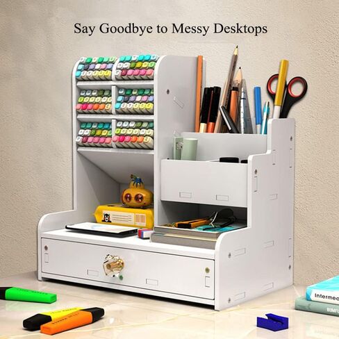 White Pen Organizer with Drawer, DIY Pencil Holder Desk Tidy Caddy Office Stationery Desktop Organiser for Home, Office and School (PB17 White) in Saudi Arabia