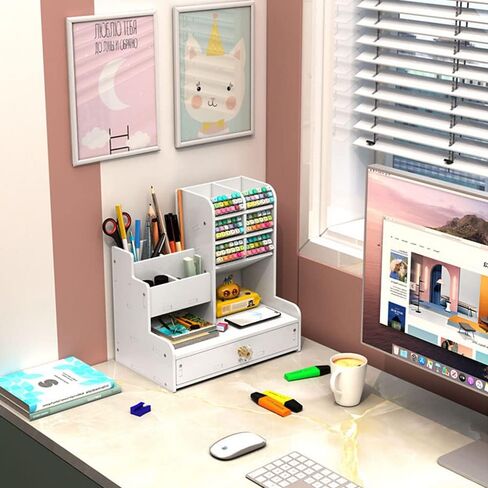 White Pen Organizer with Drawer, DIY Pencil Holder Desk Tidy Caddy Office Stationery Desktop Organiser for Home, Office and School (PB17 White) in Saudi Arabia