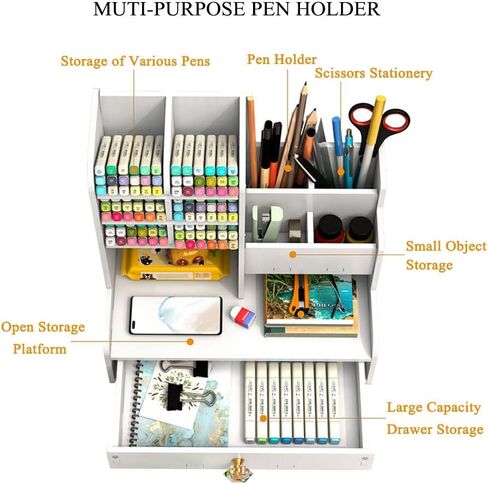 White Pen Organizer with Drawer, DIY Pencil Holder Desk Tidy Caddy Office Stationery Desktop Organiser for Home, Office and School (PB17 White) in Saudi Arabia