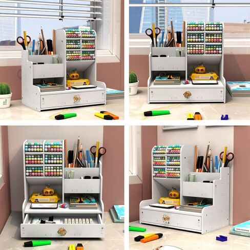White Pen Organizer with Drawer, DIY Pencil Holder Desk Tidy Caddy Office Stationery Desktop Organiser for Home, Office and School (PB17 White) in Saudi Arabia