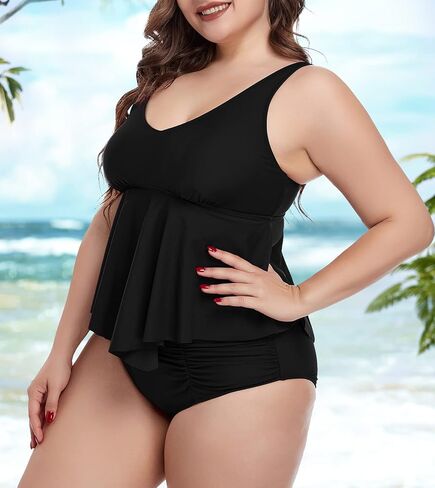 بدلة سباحة نسائية من Annbon مقاس كبير تانكيني مكشكشة للتحكم في البطن مكونة من قطعتين in Kuwait