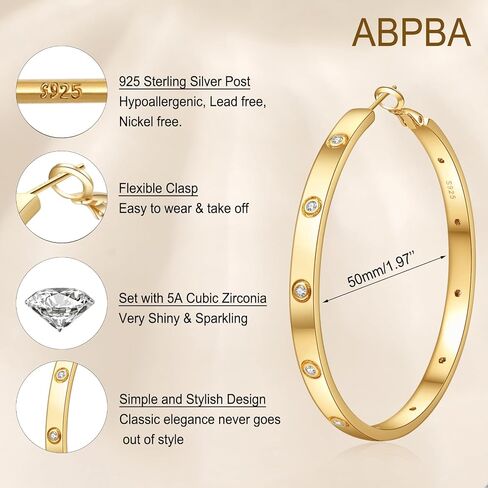 925 Sterling Silver Hoop Earrings for Women Large Silver Hoop Earrings Hypoallergenic Lightweight Silver Earrings Hoops with Cubic Zirconia 40/50/60mm in Saudi Arabia