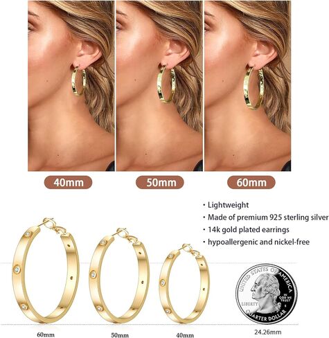 925 Sterling Silver Hoop Earrings for Women Large Silver Hoop Earrings Hypoallergenic Lightweight Silver Earrings Hoops with Cubic Zirconia 40/50/60mm in Saudi Arabia